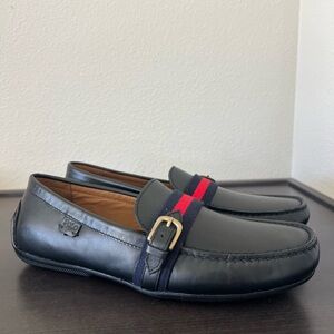 Black Leather Slip-On Driving Loafers with Red & Navy Webbing